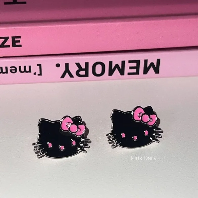 Kawaii Hello Kitty Earrings Girl Black Leather Y2k Earring No Pierced Ears Ear Clip Creativity Decorate Girl Accessories Jewelry