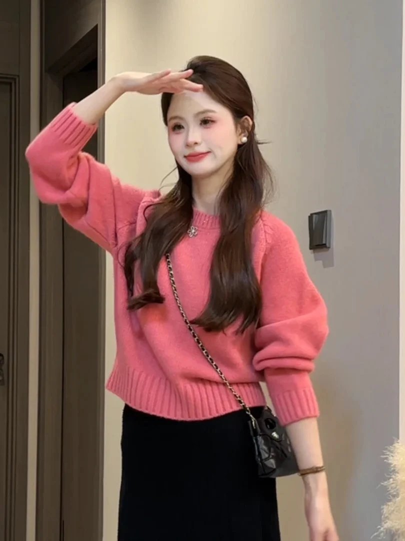 سترة نسائية من Retro Enn Round Ne ort متماسكة لطيفة كورية بسيطة للخريف والشتاء مطابقة الجزء العلوي من الجسم