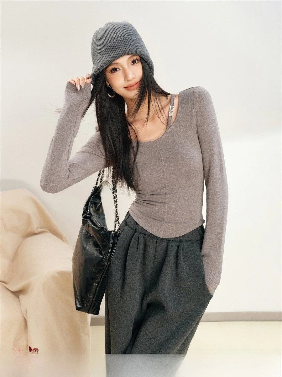 

Liilou Clean Fit Cotton Fce round Ne Single oulder Strap Long Sve Base Layer T-irt Women's Faion Commute Sle