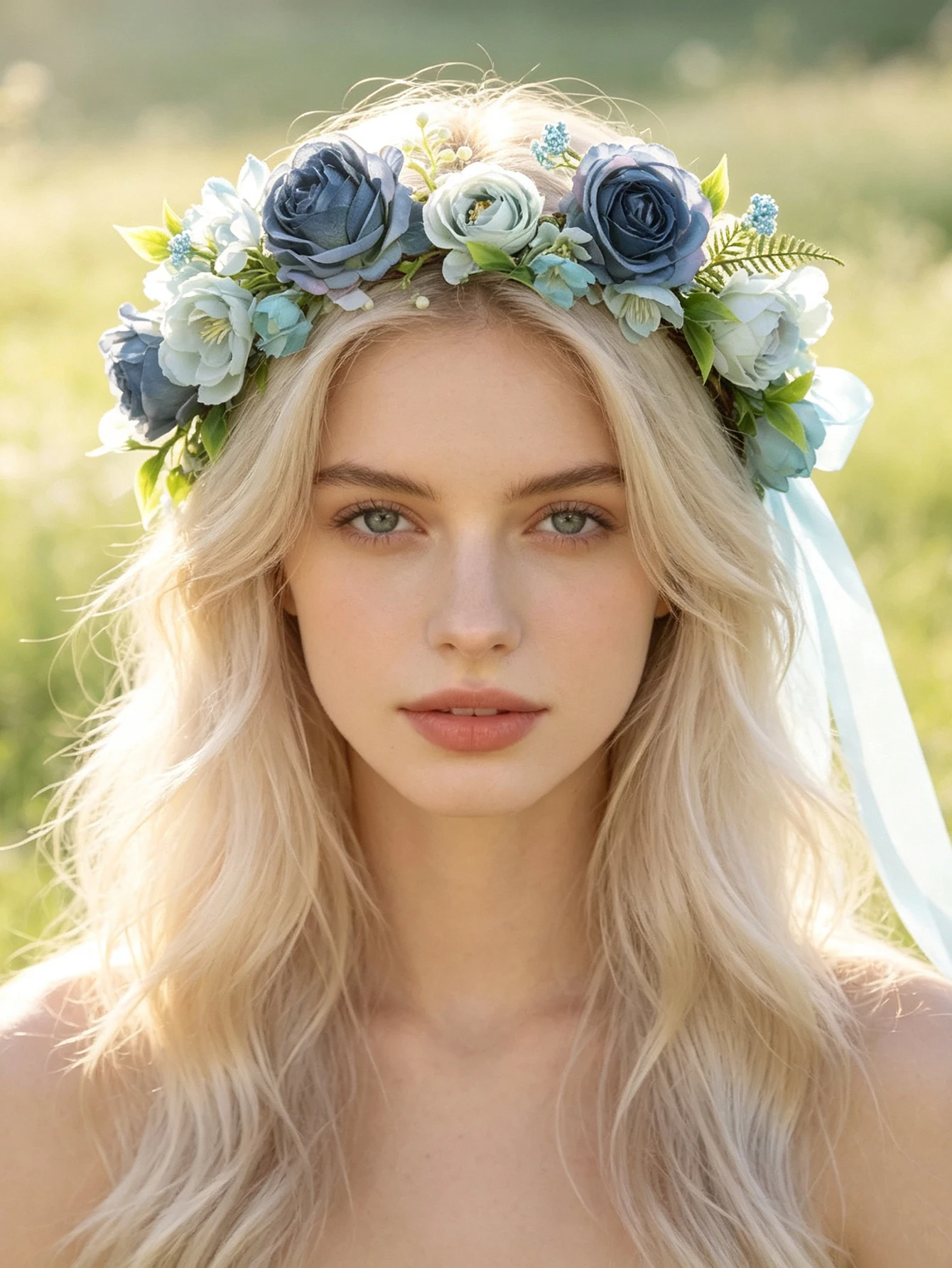 Forest-Style Blue Rose Artificial Flower Wreath Hair Accessory Forest-Style Bohemian Style Adjustable Hair Band. Wedding Brides