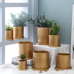 Nordic Matte Gold Cylindrical Ceramic Flower Pot Luxury Simple Straight with Tray Indoor Flower Plant Potted Garden Decoration