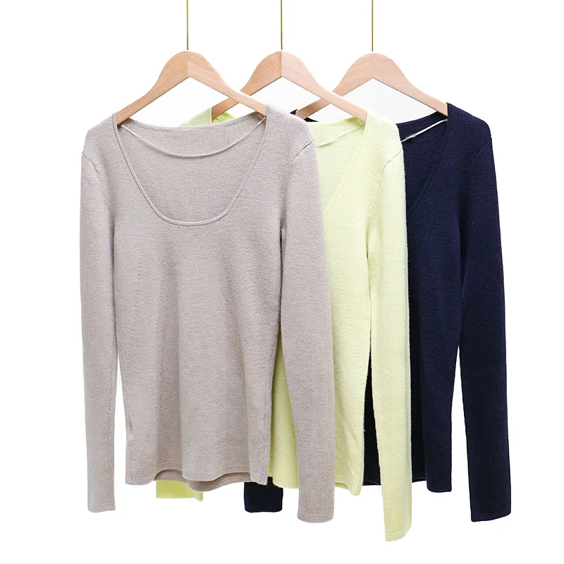 

Beautiful Low round Ne Long Sve Women's Knitted Wool Sweater Square Collar Base Layer Spring Faion Korean Sle RIXINJIA