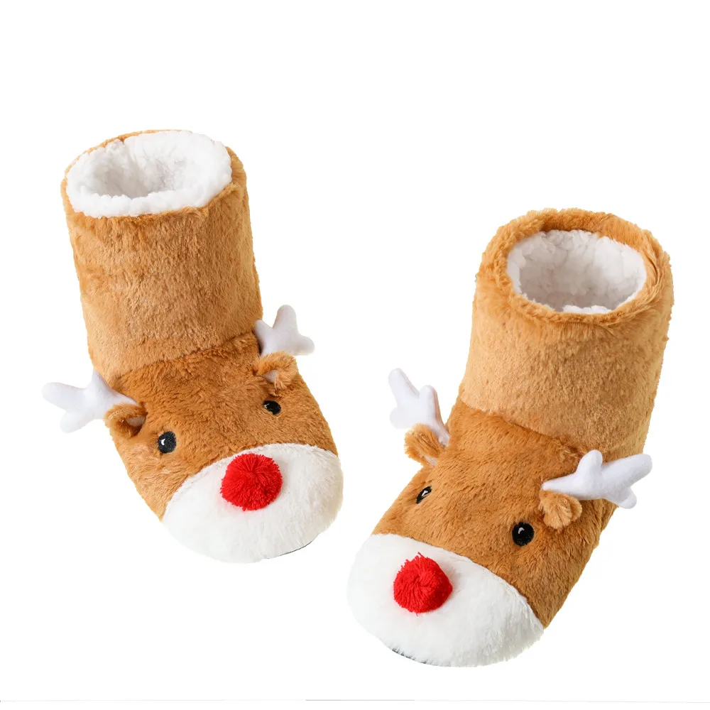 Home Womens Slippers Winter Floor Shoes Indoor Fur Plush Anti Skid Grip Warm Deer Cat Unicorn Bear Female Home Boots High Tube