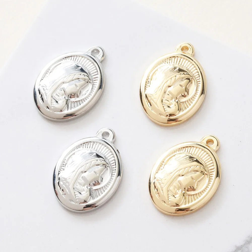 2PCS Virgin Mary Oval Pendant Making Necklace for Jewelry Findings Components DIY Hand Made Brass 14k Gold Plated 16*23mm