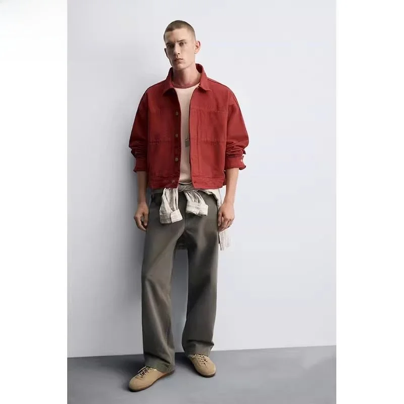 

Red Plaid ort Jaet Men's Faionable Autumn New Arrival ket Decorated Turn-down Collar Youth Casual Long Sve Coat