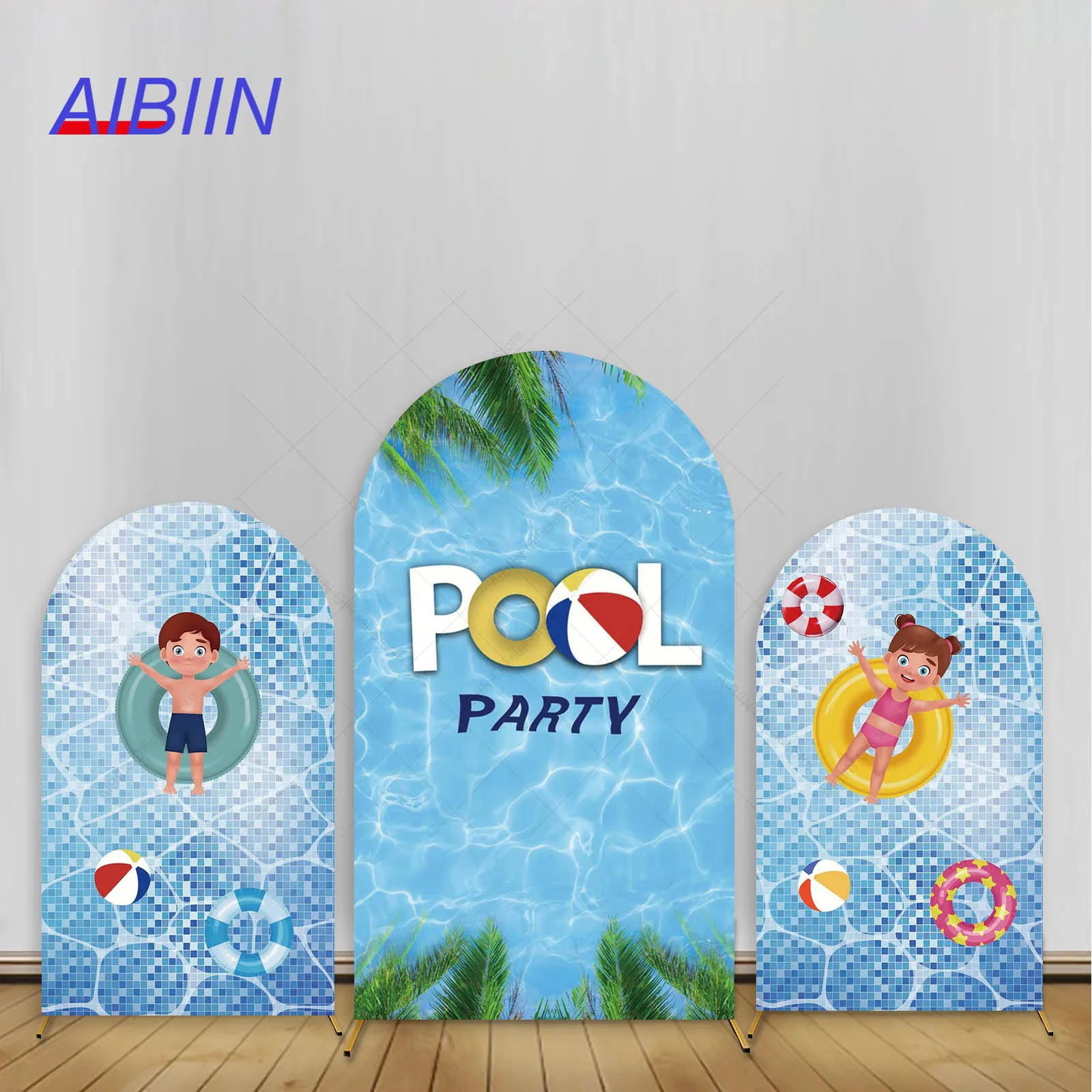 

Summer Pool Party Arch Backdrop Cover Blue Sea Water Boy or Girl Swim Ring Water Volleyball Birthday Party Decor Wall Background