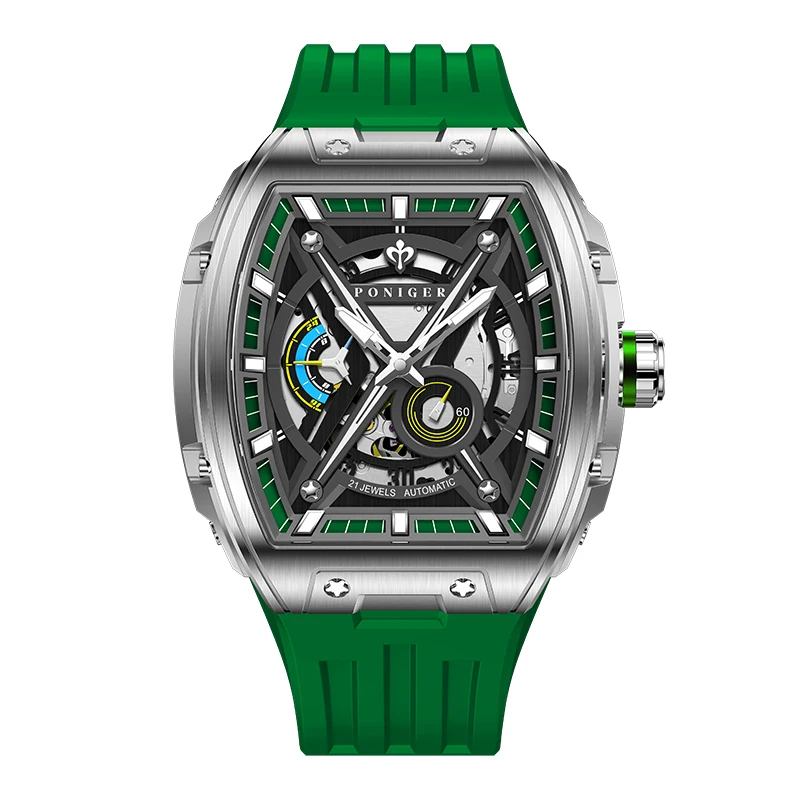PONIGER-Reloj de pulsera automático para hombre, cronógrafo mecánico Tonneau de 46mm x 51mm, zafiro luminoso, 5ATM resistente al agua, esfera de esqueleto, correa de goma