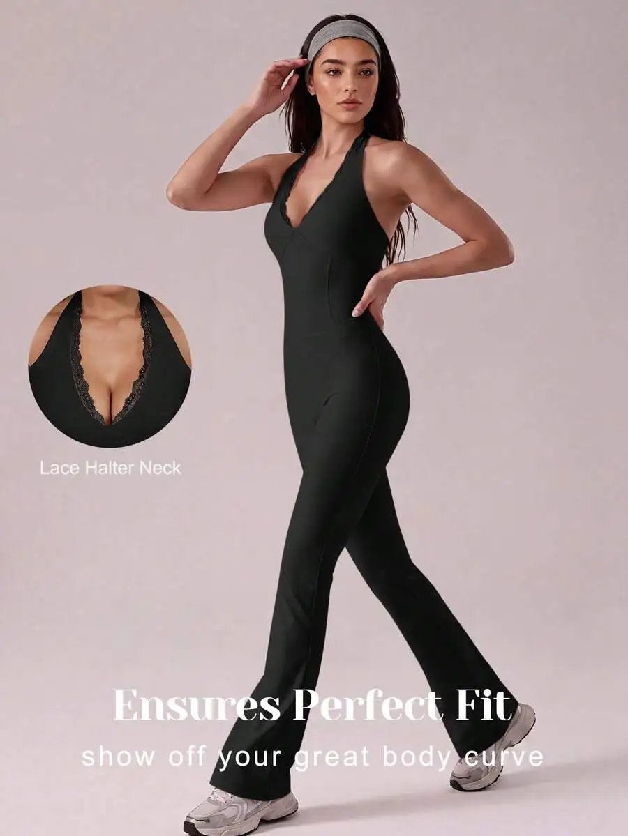

Womens Halter Neck Yoga Jumpsuit Lace V Neck Sleeveless Tummy Control High Stretch Workout One Piece