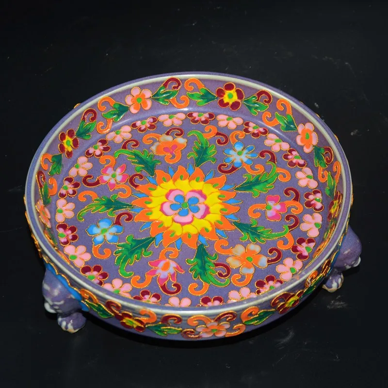 Chinese Enamel Porcelain Tripod Brush Washer Song Jun Kiln Flowers Design 7.5