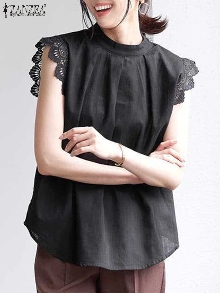 

Элегантная женская летняя офисная рубашка ZANZEA, модные однотонные свободные майки, топы, лоскутные блузы, кружевная блузка без рукавов