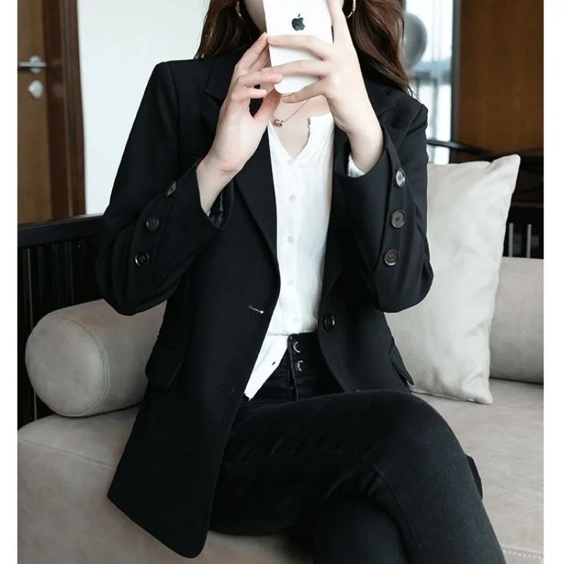 Autumn Winter Women\'s Clothing Solid Color Button Up Turn-down Collar Cardigan Coats for Formal Casual Suits Blazer Tops