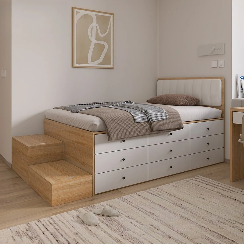 Kleines Apartment-Schubladenbett mit Stauraum, hohes Boxspringbett, Tatami-Bett mit Fußpedal, Einzelbett mit Stauraum, halbhohe Ausführung
