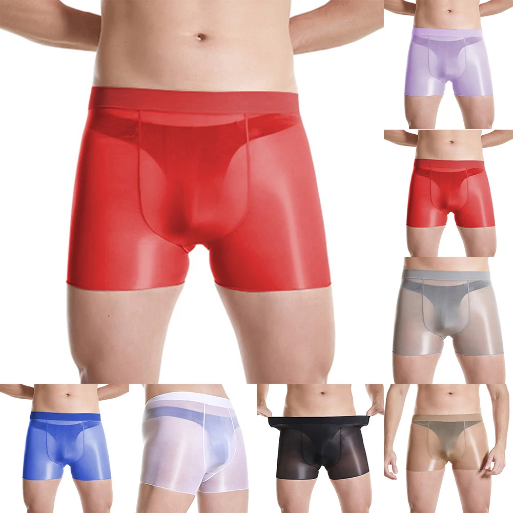 Boxer Briefs Men Underwear Daily Breathable Elastic High Glossy Lingerie Nylon Oil Shiny Panties Pouch See Through