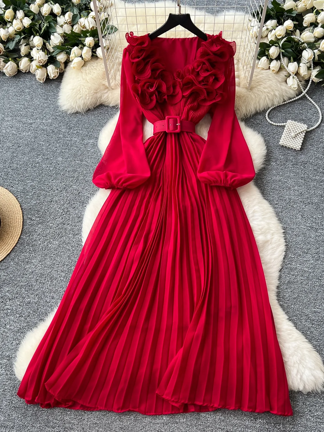 Retro Floral Lantern Sve Pleated Waist Cinching Long Dr Women's 2025 New Sle Slimming Ele Midi Skirt Korean Version