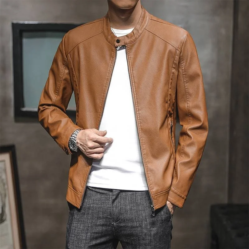 

Мужская приталенная куртка из искусственной кожи на осень-зиму, новая модель, с двойным рядом пуговиц, воротником-стойкой, молнией, повседневное длинное пальто