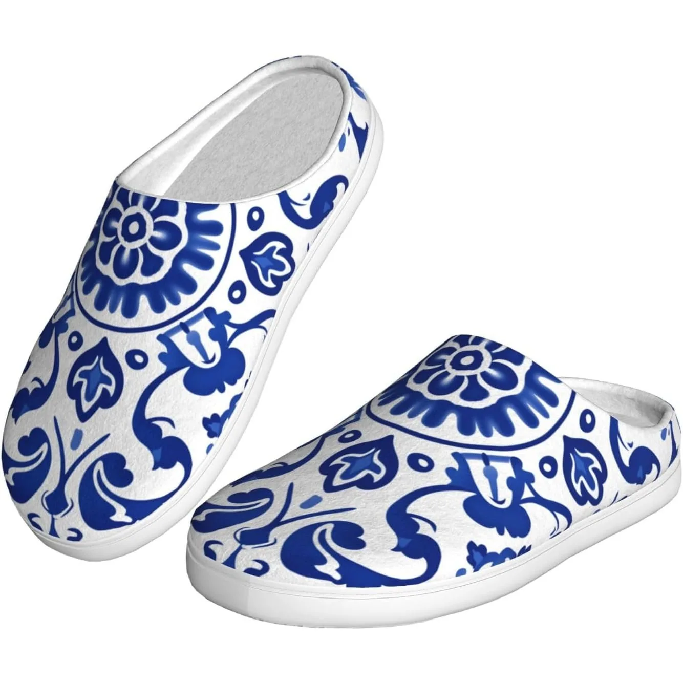 

Blue White Porcelain Women’s Cozy Slippers Soft Cotton Indoor & Outdoor House Slippers With Anti-Slip Sole