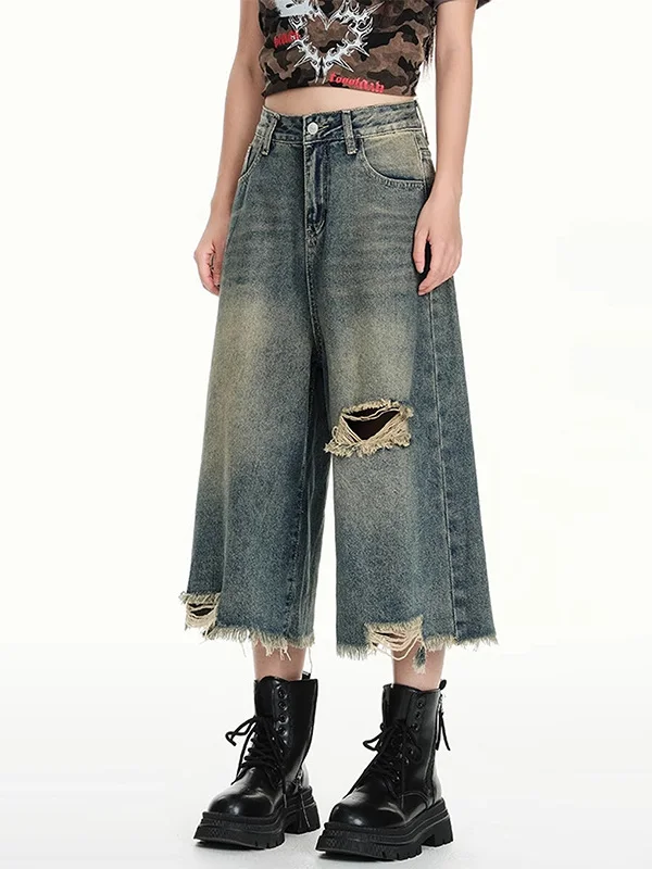 Retro American High Waist Wide Leg Seven-Foot Jeans Women Loose Fitting Distressed   Design Straight Cut Denim Mid-Len...