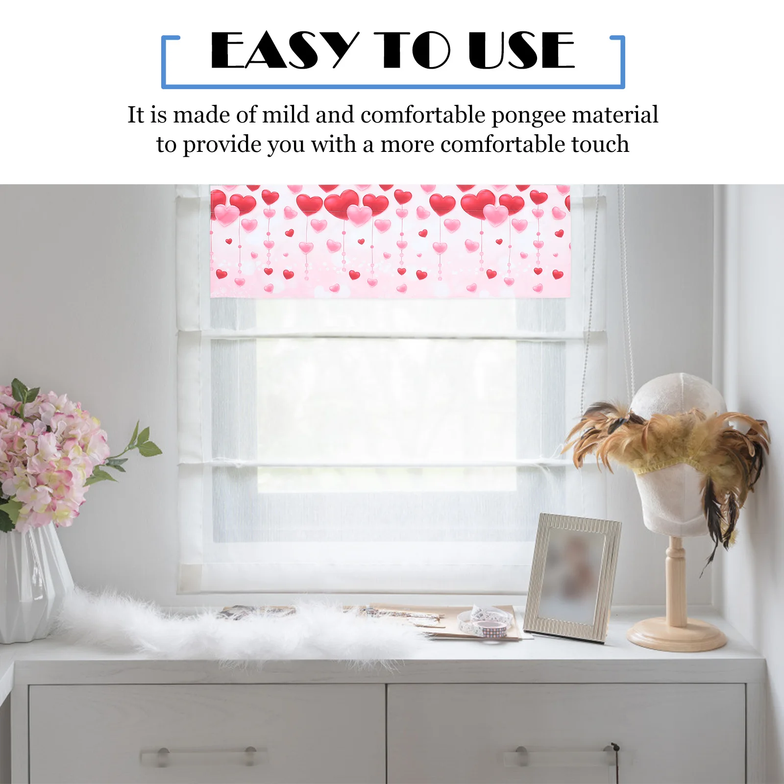 

Chic Kitchen Curtain Heart Prints Short Window Drape Pongee Home Decor Exquisite Craftsmanship Good Visibility Blocking Sunlight