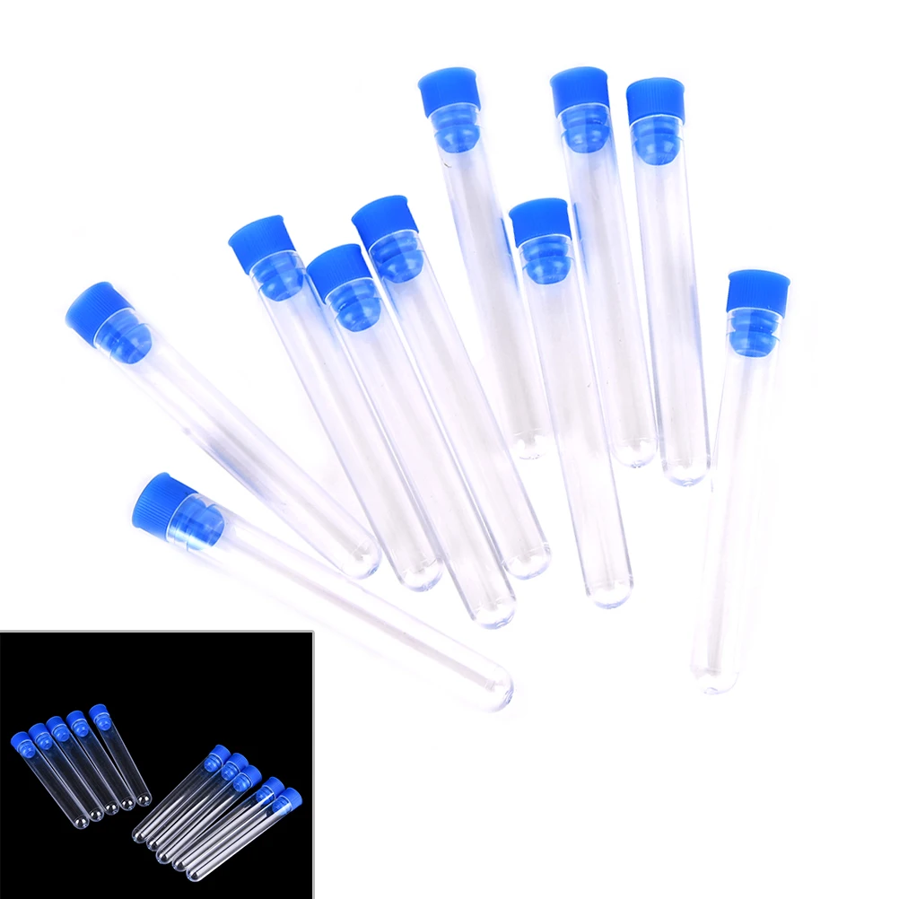 10pcs 15*100mm Plastic Test Tubes With Wing Plug Clear Round Bottom Vial School Chemistry Lab Supplies