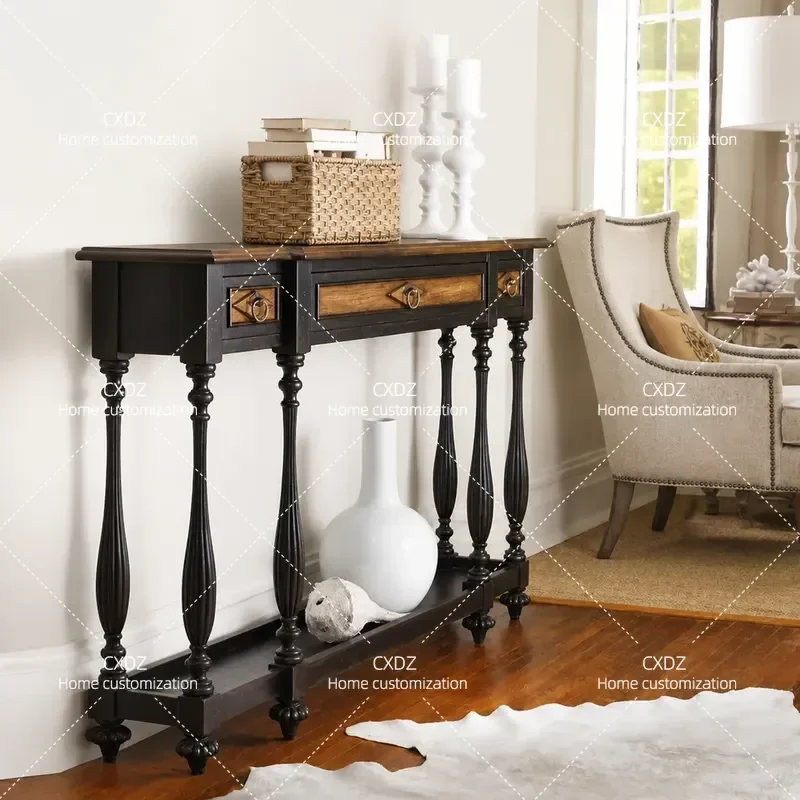 Solid Wood Retro Entrance Cabinet Wall Mounted Entryway Table Simple Modern Neoclassical Style Hall Storage Console Furniture