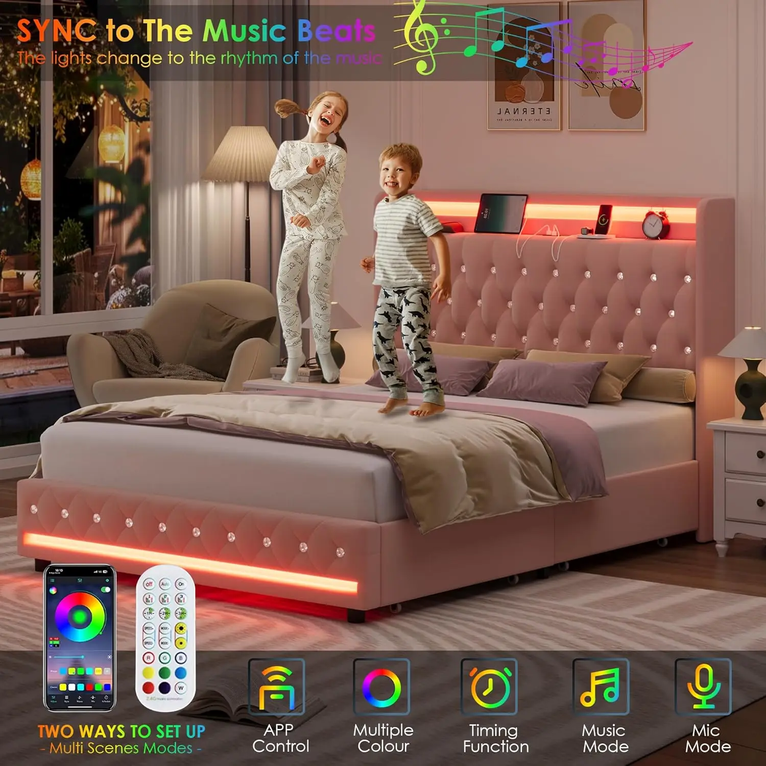 Upholstered Full Size LED Bed Frame with Charging Station & 4 Storage Drawers, Velvet Crystal Button-Tufted Wingback Headb