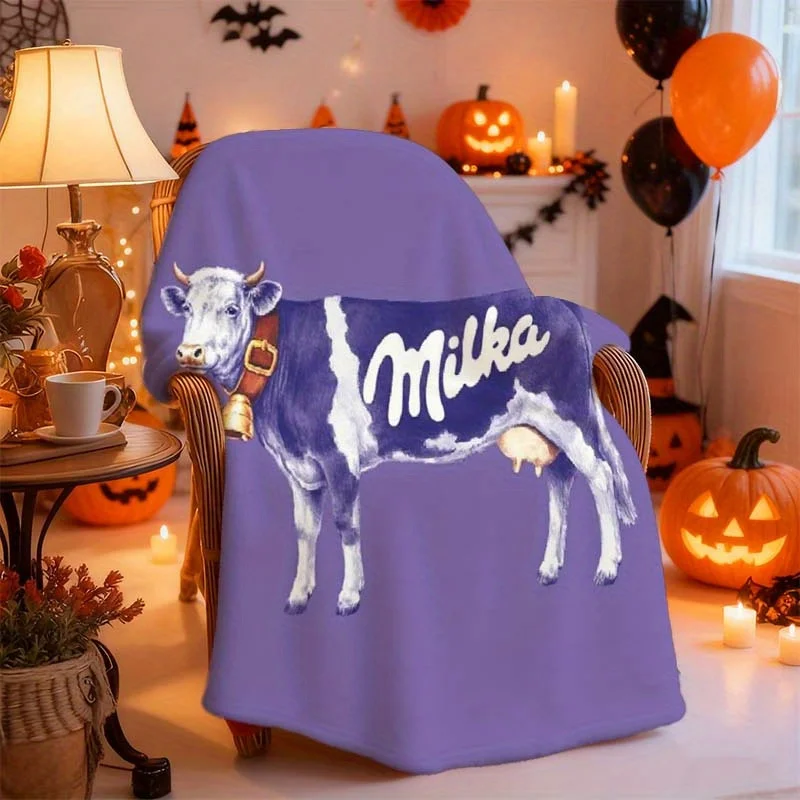 1pc Milka Chocolate Brand Iconic Black and White Cow Illustration Blanket, Flannel Pattern Blanket, Simple Spread and Hang, Dura