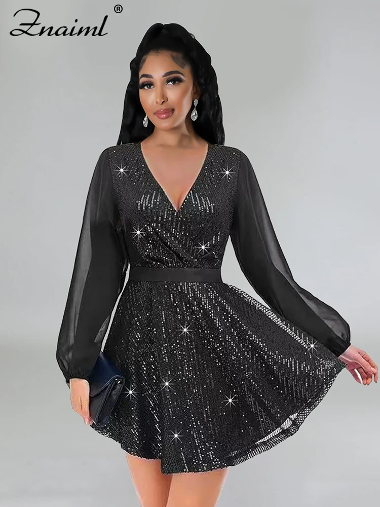 Znaiml Luxury Black Sequin Mesh Patchwork Long Sleeve V-Neck Loose Short Dress Elegant Birthday Party Women Clothing Clubwear