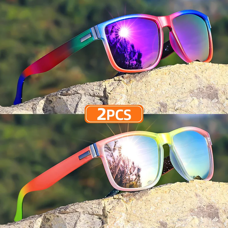 New style 2pcs Classic Square Frame Sunglasses, Gradient Color, Full Rim, Polycarbonate Frame, TAC Lens, Polarizer, Sports Style