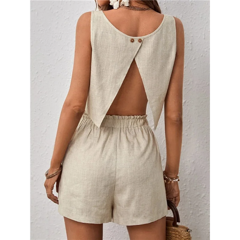 A09P Womens 2 Piece Outfits Lounge Matching Sets Two Piece Linen Shorts Crop Tops Trendy Clothes Summer Vacation Set