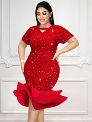 Women Red Sequin Velvet Vintage Evening Party Dress Short Sleeve Package Hip Ruffle Him Formal Wedding Prom Event Gown Plus Size