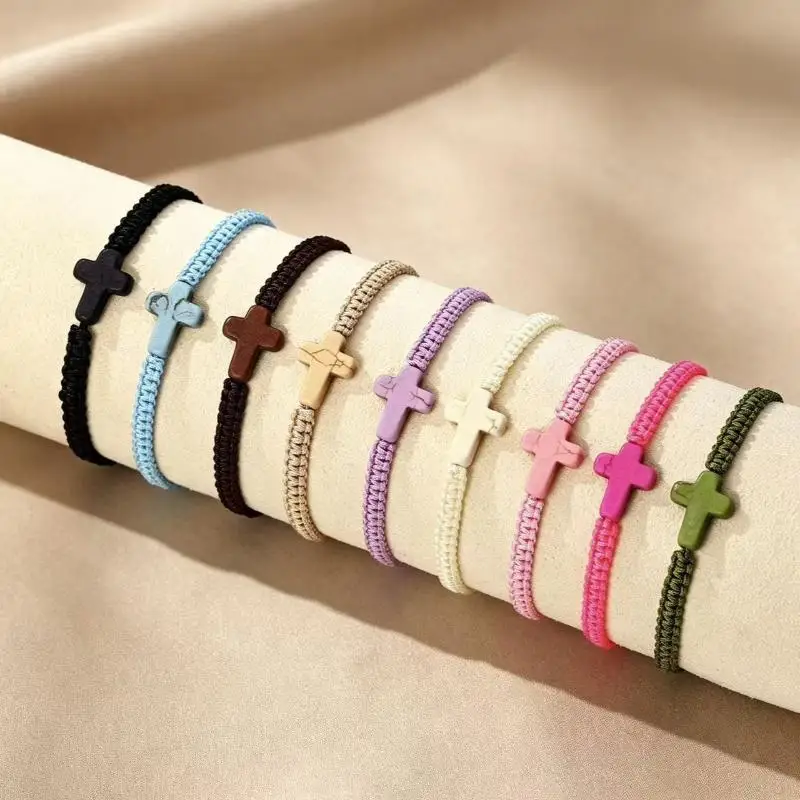 Fashion Minimalist Unisex Hand Weaving Adjustable Turquoise Cross Couple Bracelets Anklets Holiday Jewelry Accessories Gift
