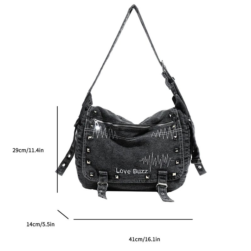 Tiptoegirls الصلبة الدنيم النسيج الإناث الكتف حقيبة ساعي موضة حقيبة كتف للتسوق المسامير خمر حفلة حقيبة المرأة عادية #3