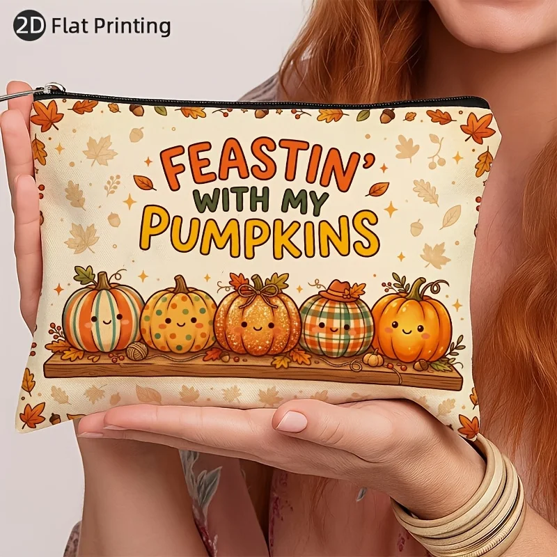 Feastin' With My Pumpkins Print Makeup Bag Cosmetic Pouch Portable Travel Toiletry Bag Fall Thanksgiving Gift for Women