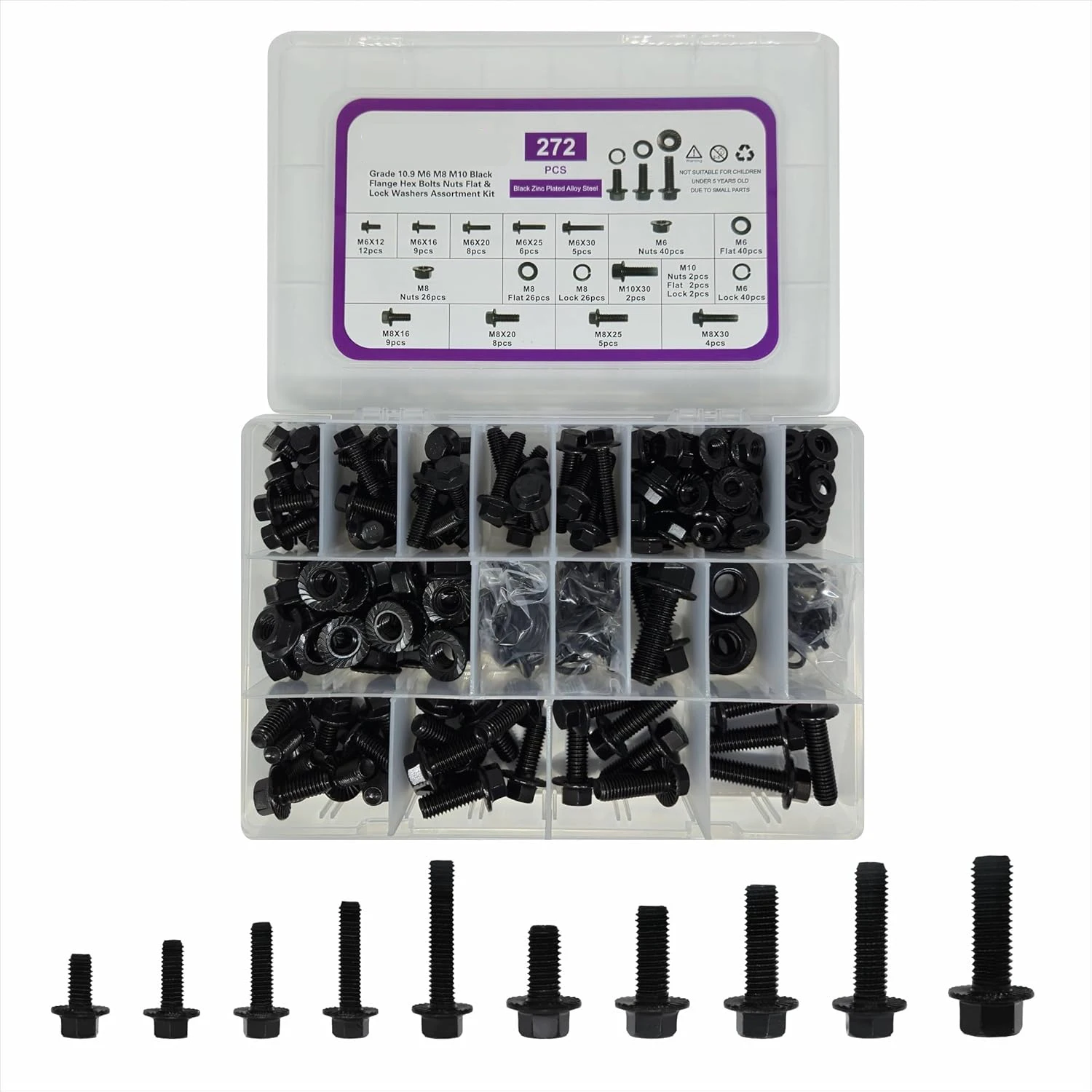 

272 PCS Flange Hexagon Bolts and Nuts Combination Kit M6x1.0 M8x1.25 M10x1.5 Metric Bolts Nuts Washers Classification 10.9 Alloy