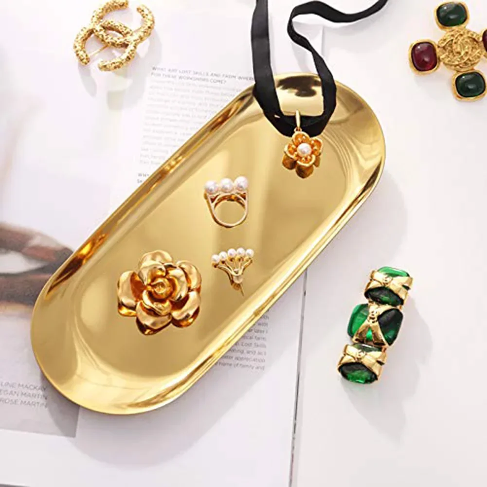 Stainless Steel Jewelry Storage Tray Cosmetic Holder Gold Oval Metal Dining Dessert Plate For Nut Fruit Cake Kitchen Organizer