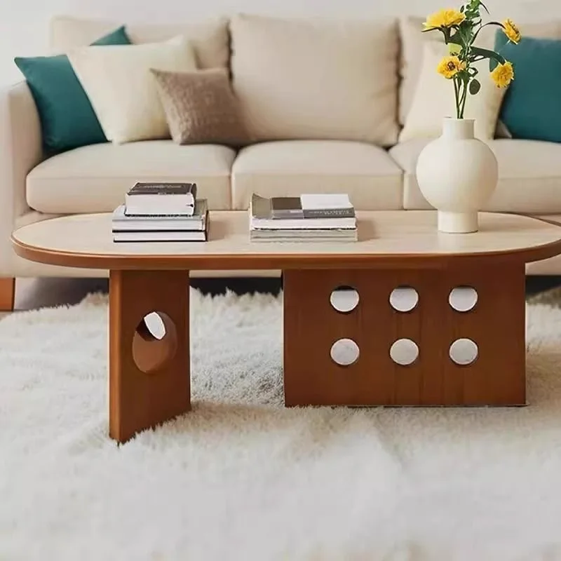 Retro living room household rock slab medieval travertine oval coffee table solid wood tea table