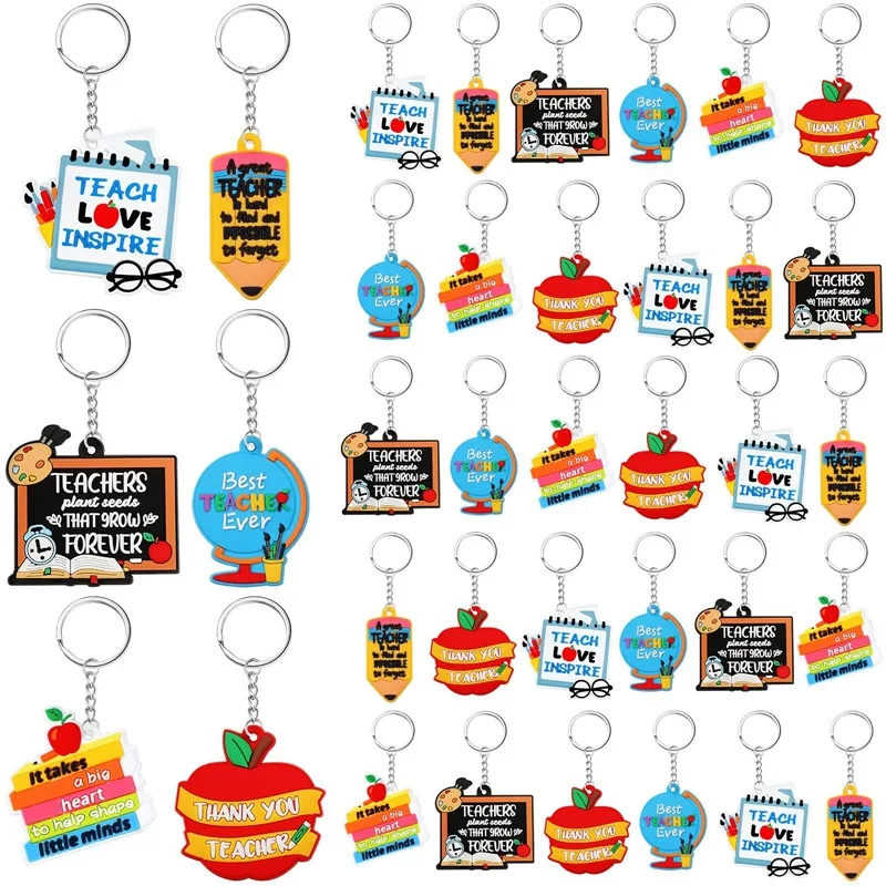 New! 6pcs/Set  A＋ Teacher Apple Pencil Keyring Best Teacher Ever keychain Ladies Men Leave Teacher Mentor Gift Ideas Bulk