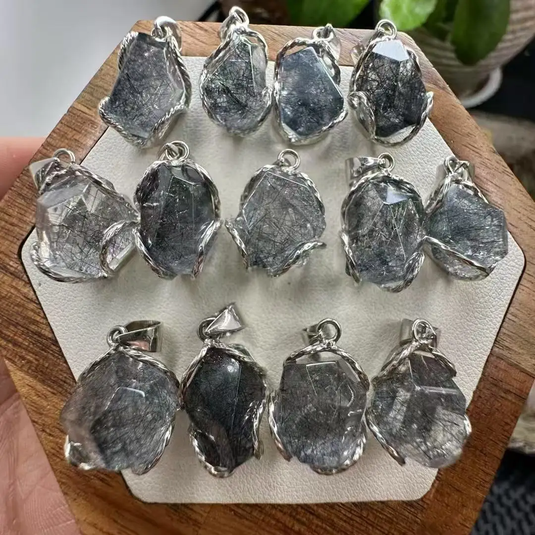 

Unit One Piece 925 Silver Inlay Natural Blakc Rutilated Quartz Crystal Free Form Faceted Pendant For Gift