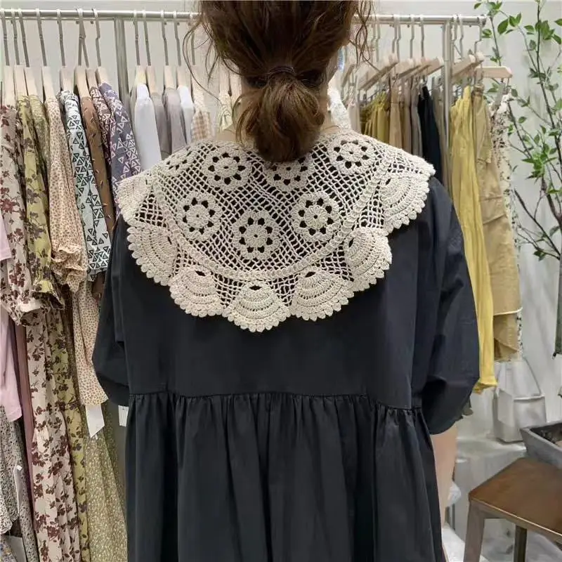 Hollow Crochet Lace Detachable Collar Shawl Women Fake Collars O-Neck Doll False Collar Solid Color Half Shirt Collar