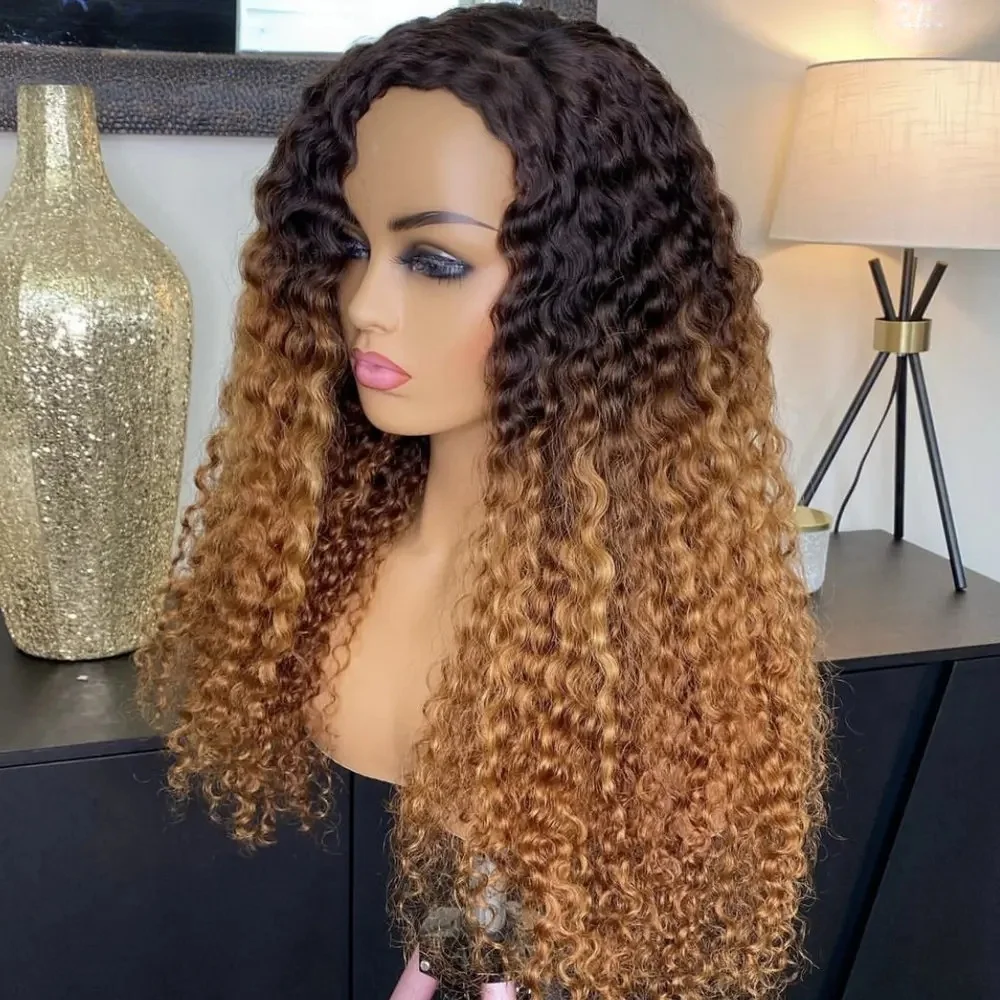 

Long Soft 26Inch Ombre Blonde Kinky curly Lace Front Wig Jerry Curl For Women Synthetic Preplucked Glueless Daily Wear Wig