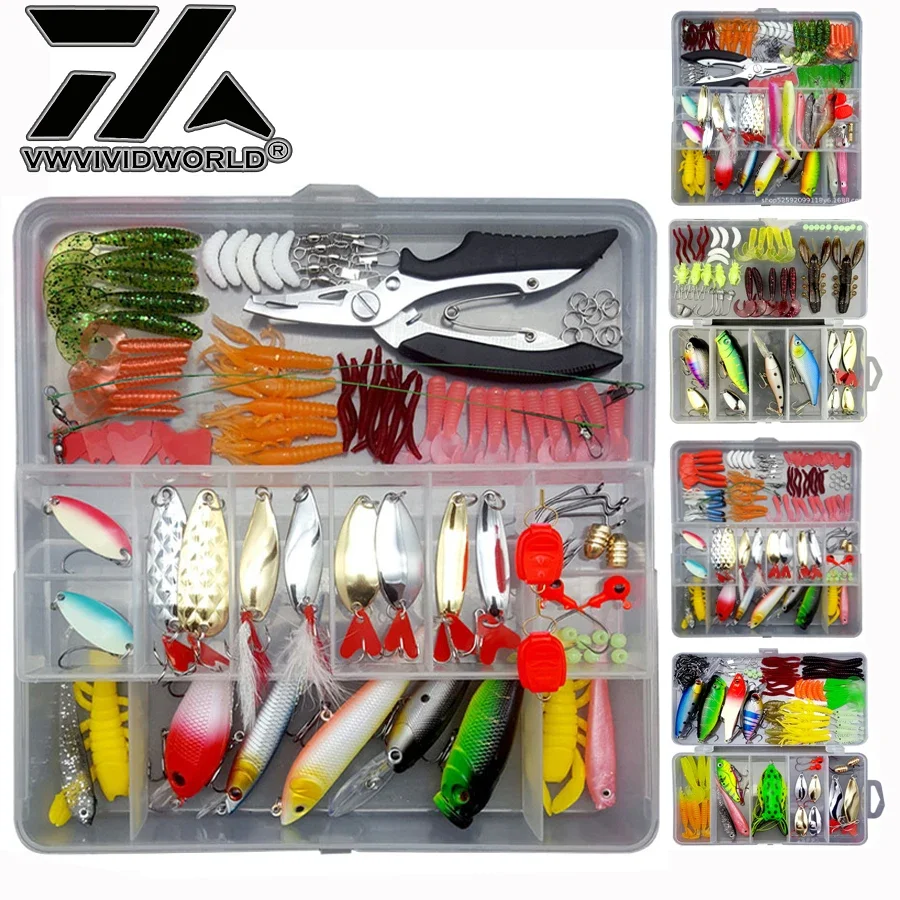 

VX2023 New 18-142pcs/set Lure Kit Fishing Lure Hard Bait Frog Bait Spoon Bait Hook Grub Worm Soft Baits Hard Lure Fishing Tackle