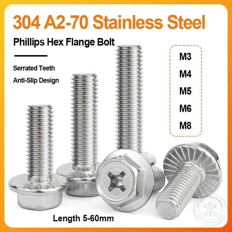 304 A2‑70 Stainless Steel Phillips Drive Serrated Flange Hex Bolt Anti‑Vibration Anti‑slip Screw M3 M4 M5 M6 M8 Metric Fastener