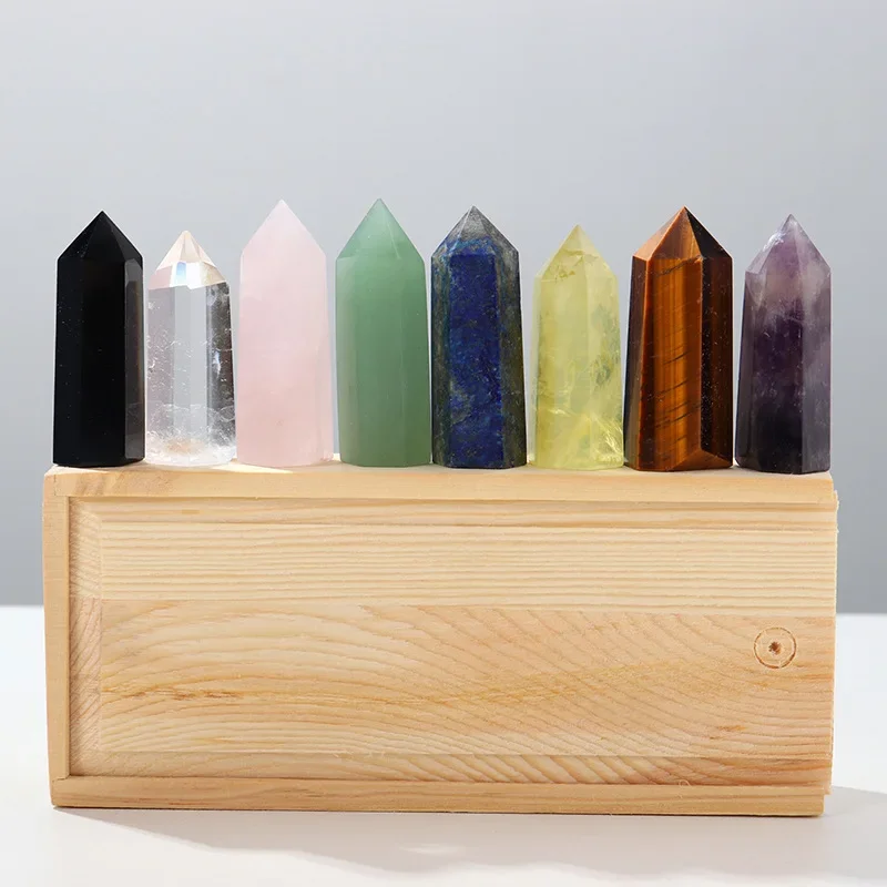 

Hexagonal Crystal Point Set Box 8Pcs Healing Chakra Gemstone Column Beads 4-5CM In Wood Box Display for Home Office Decoration