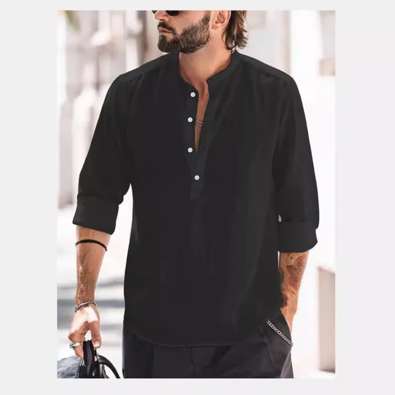 Men Cotton Shirt Long Sleeve Stand-up Collar Men's Tops Black White Shirts Loose Holiday Casual Streetwear Button New Thin Tops