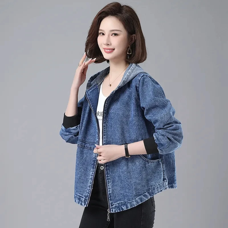Jaqueta jeans feminina primavera 2023 nova moda all-match solto jeans casaco feminino primavera outono bordado tamanho grande com capuz outwear