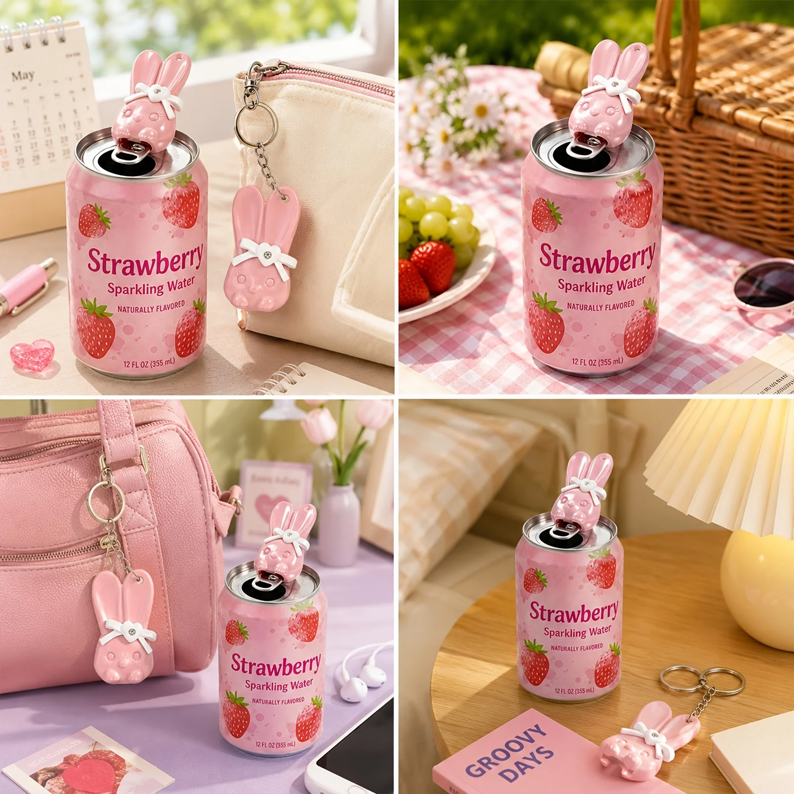2/1 Piece with Random Color, Cute Rabbit Pattern Can Opener with Rhinestones, Portable Beverage Can Opener, Easy-To-Grip Lightweight Keychain Pendant, Suitable for Home Kitchen and Outdoor Camping, Keychain Not Include