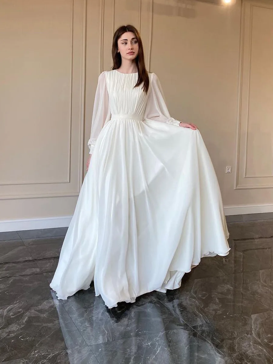 Full Sleeves Wedding Dresses Muslim Chiffon Pleats A line Formal Party Bride Gowns Women Elegant Long Sweep Train Bridal Dress