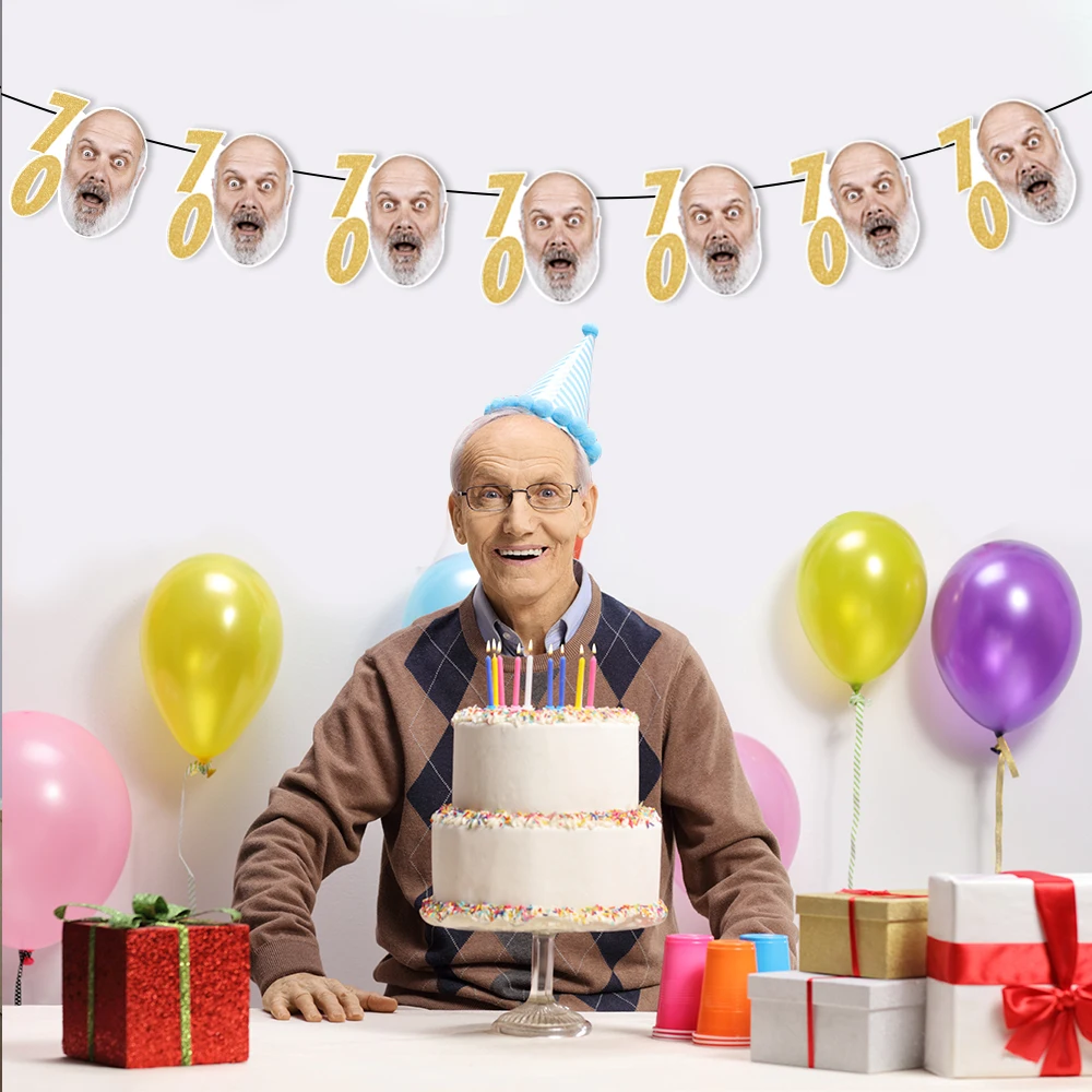 مخصص الذهب الأسود 30 40 50 60 70 سنة حفلة عيد ميلاد الوجه ورق طباعة الصور راية معلقة جارلاند للكبار حفلة عيد ميلاد ديكور
