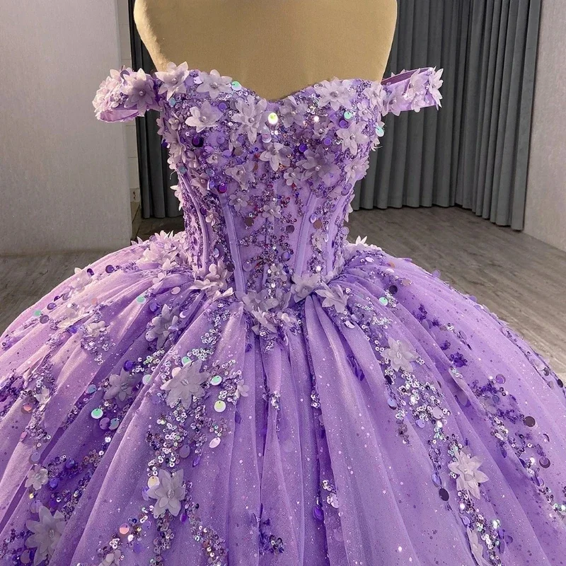 Vestidos de Quinceañera de lavanda Lila brillante, Apliques de encaje con cuentas, Tull dulce 16, Vestidos de graduación populares D, nuevo estilo