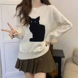 Women‘s Sweater Cute Cartoon Cat Pullover Autumn Winter Outwear Baggy Vintage Knitted Top Fashion Streetwear Female Y2k Clothes